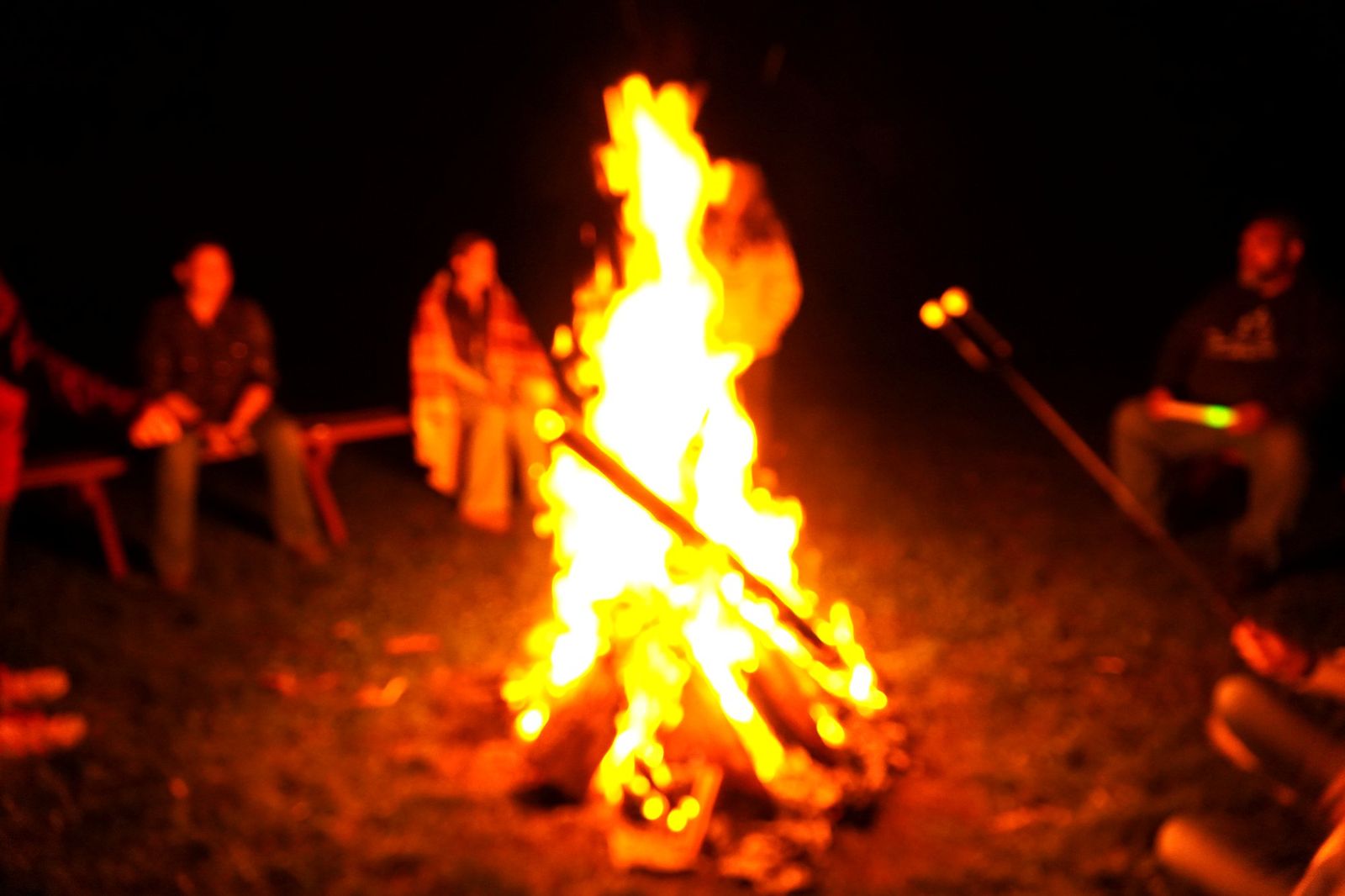 Friends gathered around a bonfire